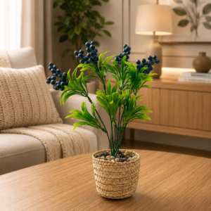 Premium Artificial Berry Plant with Woven Basket Pot | Realistic Indoor Decorative Plant | Home & Office Table Decor | Maintenance Free Green Plant | Modern Home Decoration
