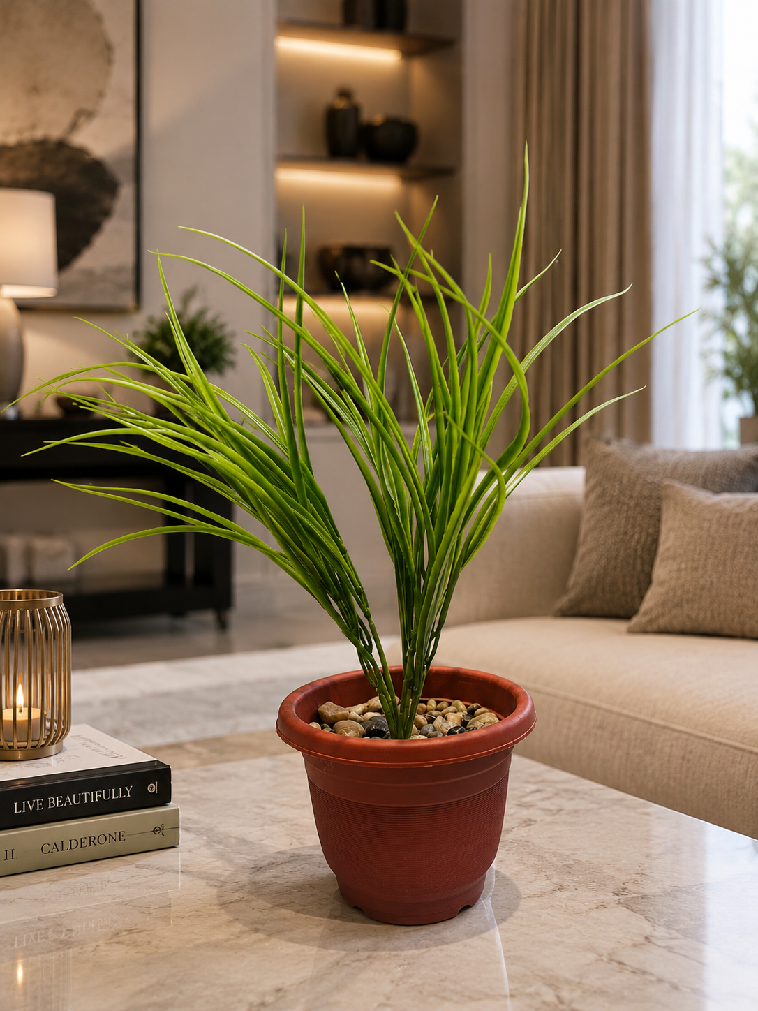 Premium Artificial Grass Plant with Decorative Pot | Realistic Indoor Green Plant | Home & Office Table Decor | Maintenance Free | Modern Decorative Plant