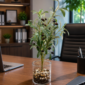 Premium Artificial Olive Tree 45cm in Glass Vase | Realistic Faux Olive Plant with Decorative Pebbles | Indoor Home & Office Table Decor | Maintenance Free Green Plant