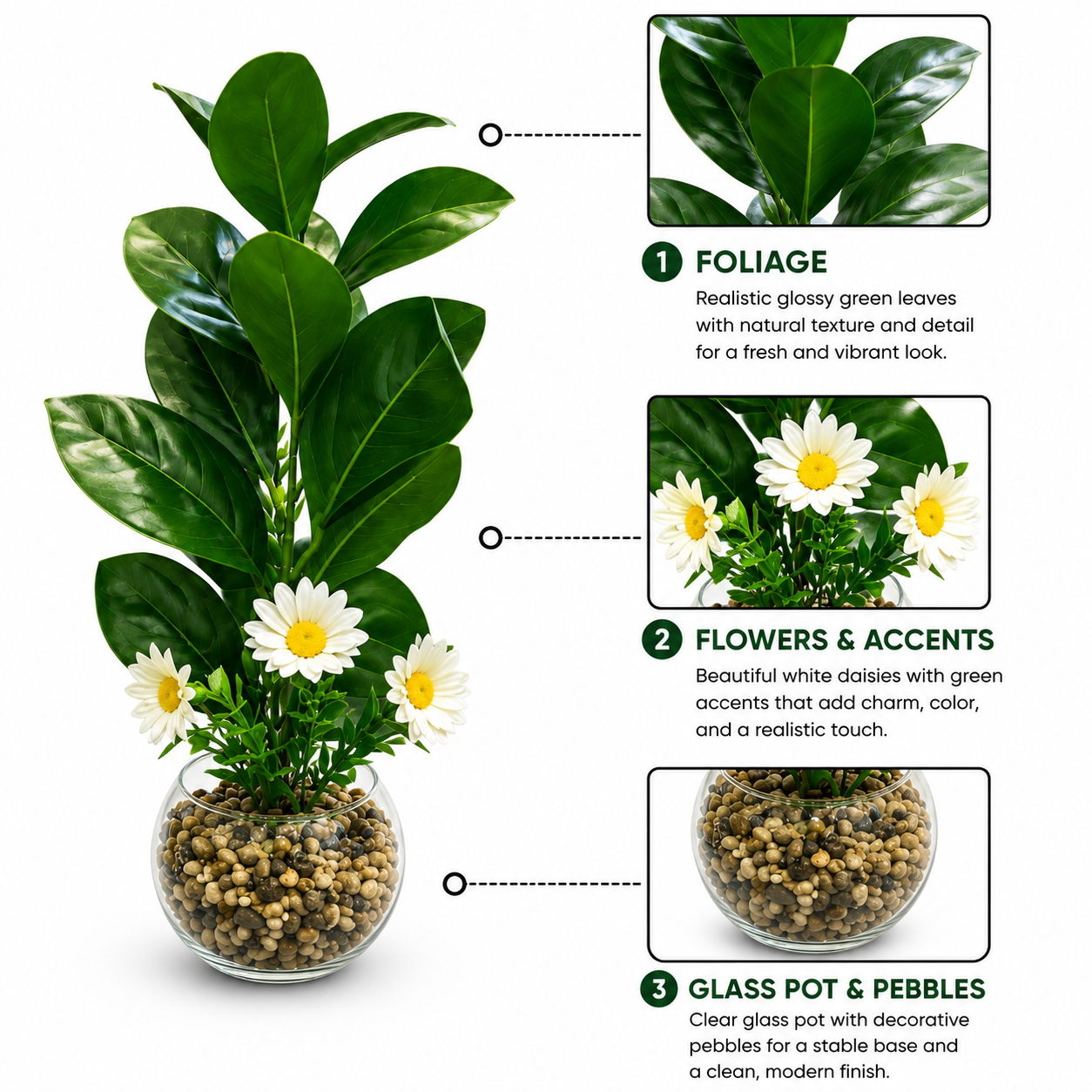 Premium Artificial Green Plant with White Daisy Flowers in Glass Vase | Realistic Faux Indoor Plant | Modern Home & Office Table Decor | Maintenance Free Decorative Plant - Image 2