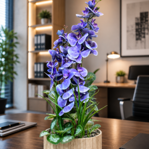 Luxury Artificial Purple Orchid Flower Arrangement in Wooden Pot | Realistic Faux Orchid Plant | Premium Indoor Home & Office Table Decor | Maintenance Free Decorative Flowers