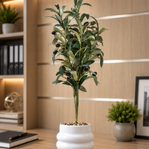 Premium Artificial Olive Tree with White Ceramic Pot | Realistic Faux Olive Plant | Modern Indoor Table Decor for Home, Office, Living Room & Reception