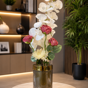 Luxury Artificial White Orchid & Rose Flower Arrangement with Gold Glass Vase | Realistic Faux Floral Centerpiece | Home & Office Table Decor | Maintenance Free Decorative Flowers