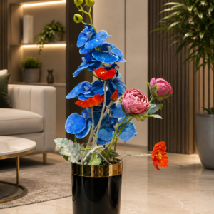 Premium Artificial Orchid & Floral Arrangement with Black Gold Pot | Realistic Blue Orchid, Pink Rose & Orange Poppy Flowers | Luxury Indoor Home & Office Decor |