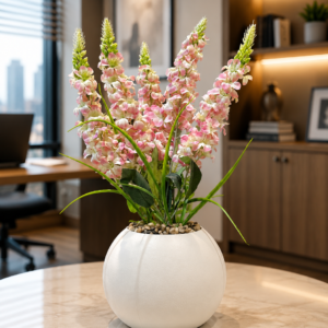 Premium Artificial Pink Snapdragon Flower Plant with White Ceramic Pot | Realistic Faux Floral Arrangement | Modern Home & Office Table Decor | Maintenance Free