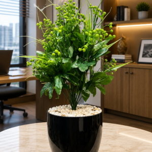 Premium Artificial Green Berry Plant with Black Ceramic Pot | Realistic Faux Indoor Plant | Modern Tabletop Decoration for Home, Office, Living Room & Reception