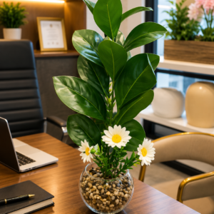 Premium Artificial Green Plant with White Daisy Flowers in Glass Vase | Realistic Faux Indoor Plant | Modern Home & Office Table Decor | Maintenance Free Decorative Plant