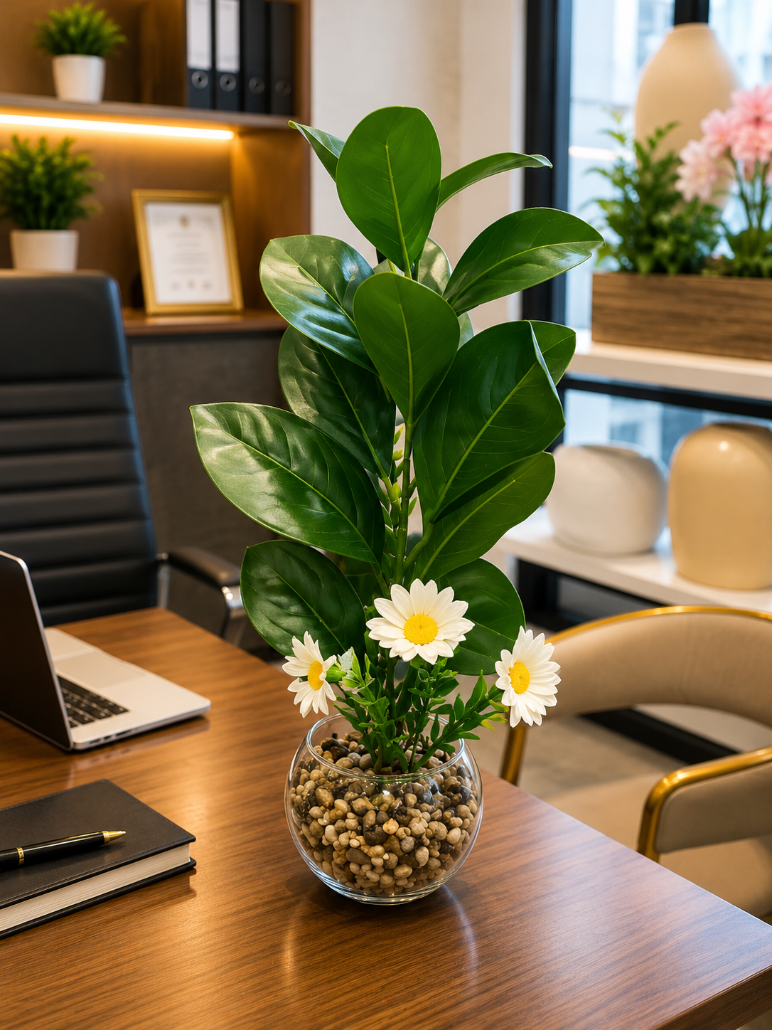 Premium Artificial Green Plant with White Daisy Flowers in Glass Vase | Realistic Faux Indoor Plant | Modern Home & Office Table Decor | Maintenance Free Decorative Plant