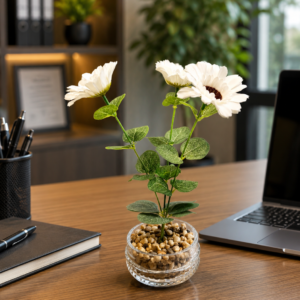Premium Artificial White Daisy Flower Plant 27cm in Glass Pot | Realistic Faux Flower Arrangement | Indoor Home & Office Table Decor | Maintenance Free Decorative Plant