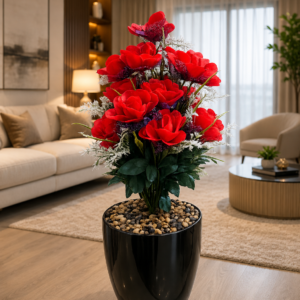 Artificial Red Rose Plant with Decorative Black Pot | Realistic Faux Rose Flower Arrangement for Home, Office,