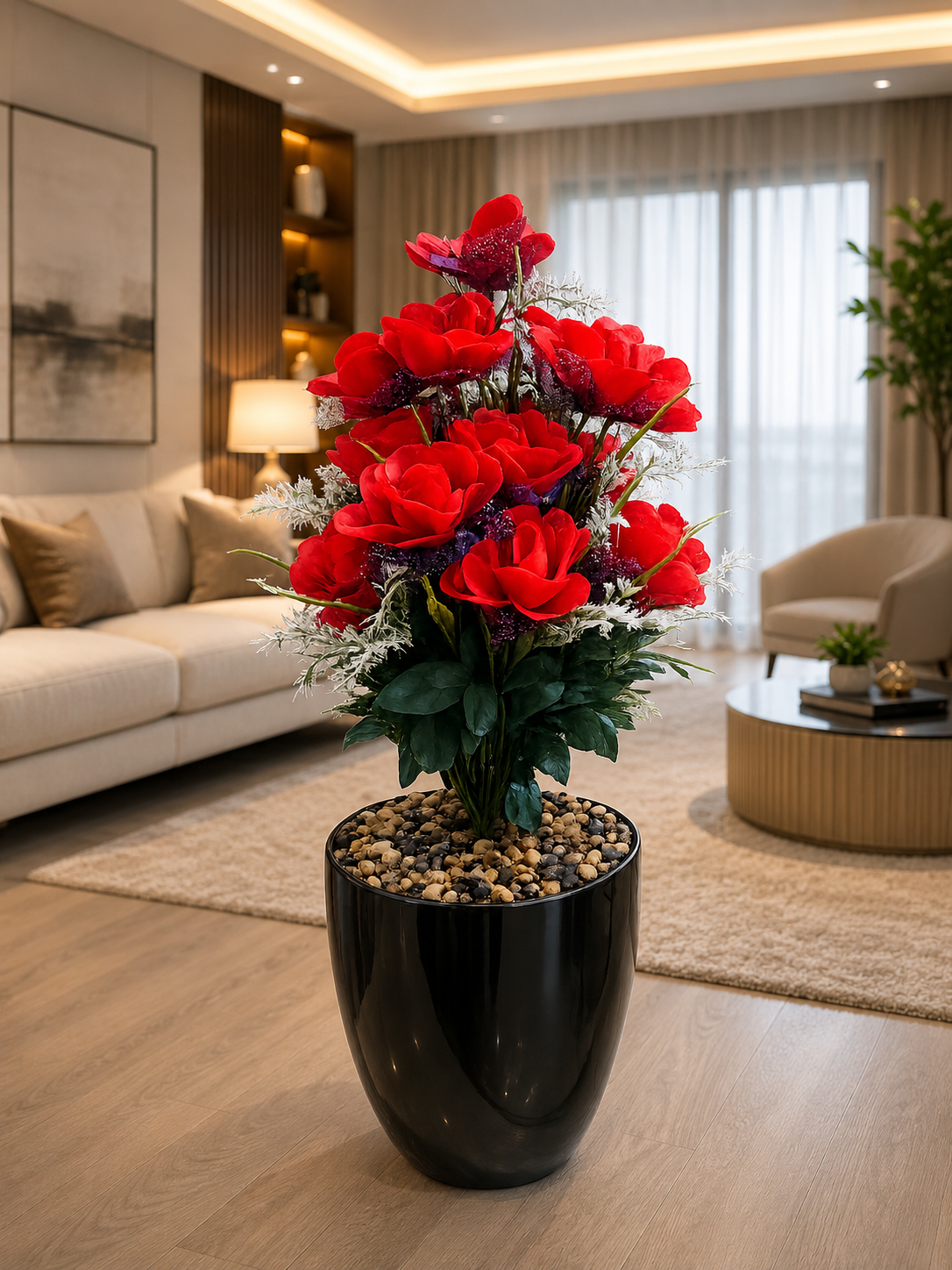 Artificial Red Rose Plant with Decorative Black Pot | Realistic Faux Rose Flower Arrangement for Home, Office,