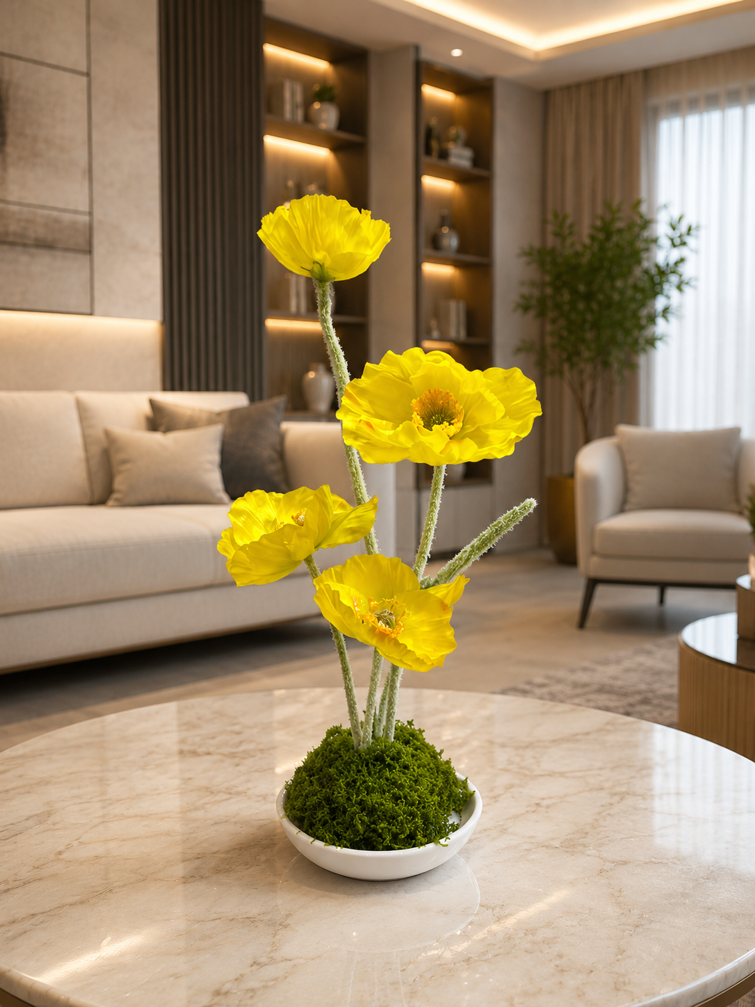 Artificial Yellow Poppy Flower Decorative Tabletop Plant with Moss Height 25 CM