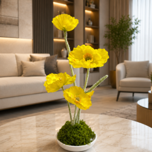 Premium Artificial Yellow Poppy Flower Plant with White Ceramic Pot | Realistic Faux Floral Arrangement | 25cm Decorative Tabletop Plant for Home, Office & Living Room