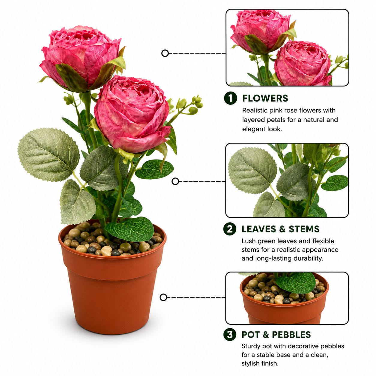 Artificial Pink Rose Plant Decorative Tabletop Flower Pot Arrangement - Image 3